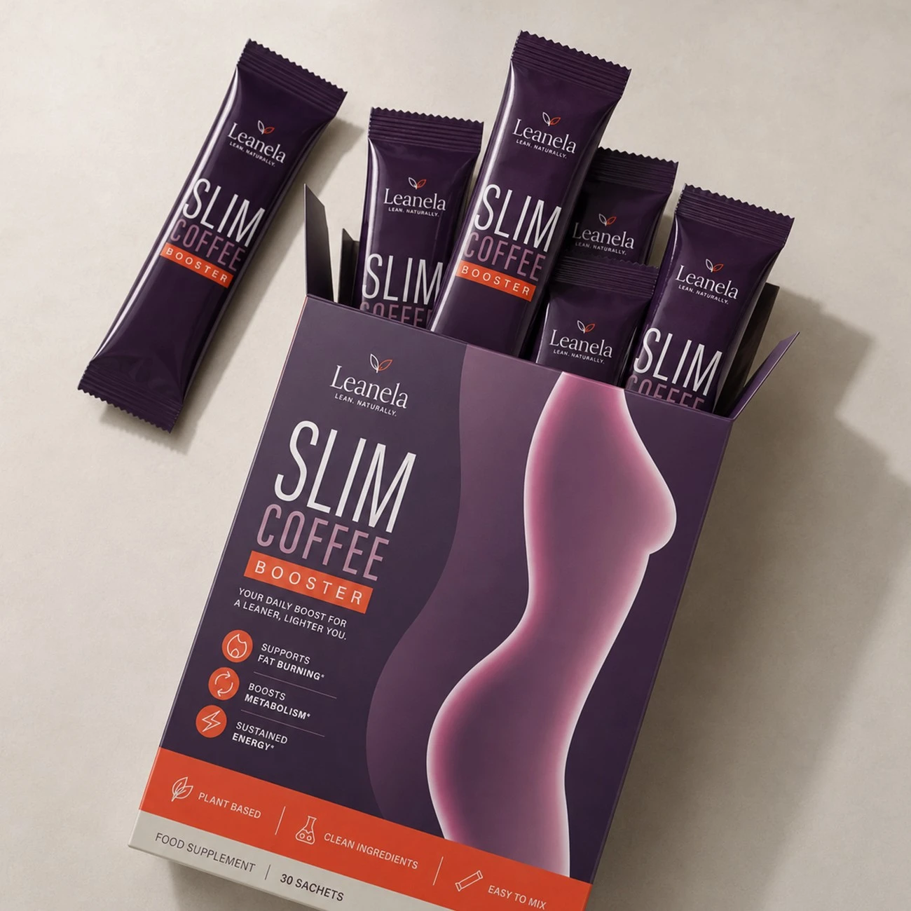 Leanela slim coffee booster box, open, with single-serve sachets